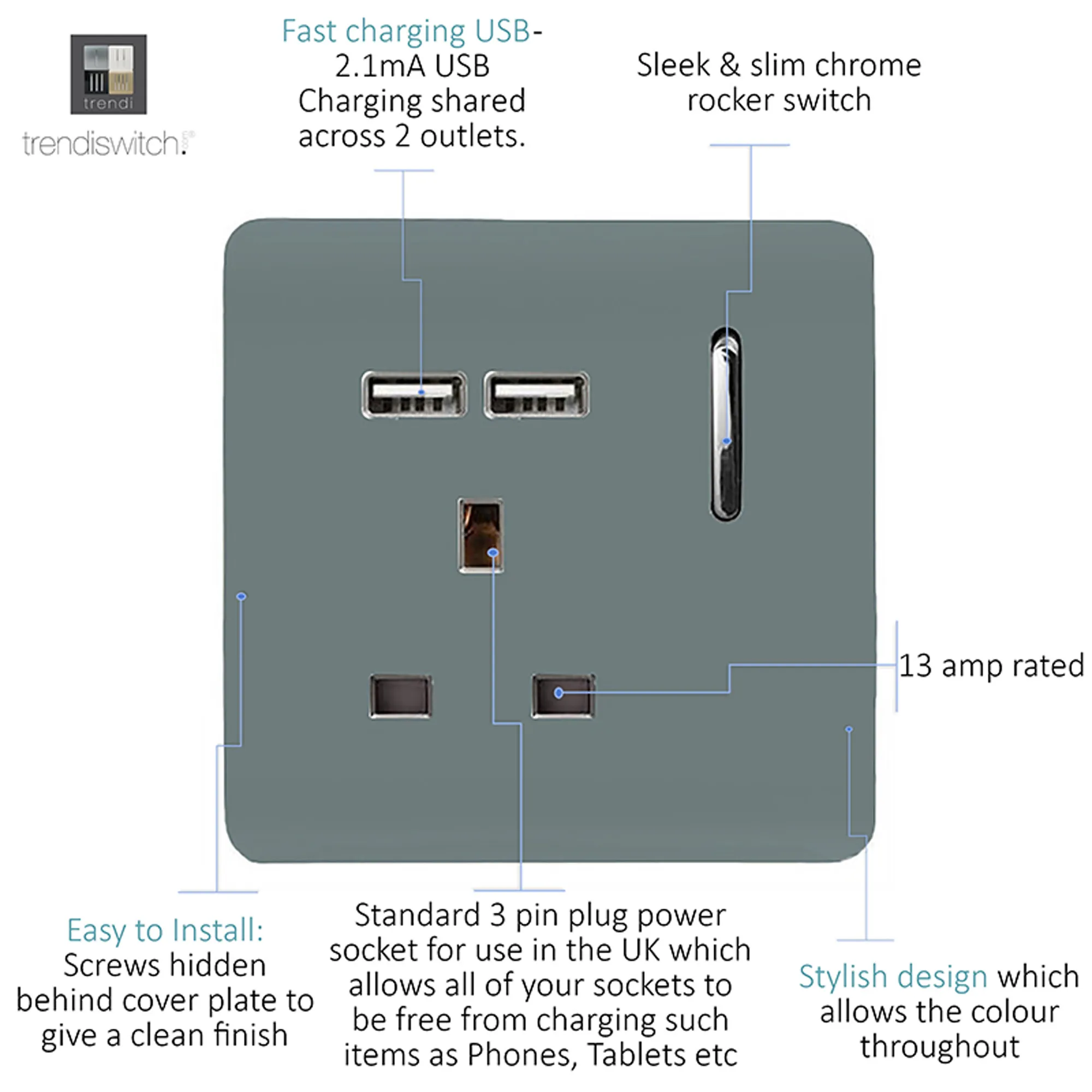 1 Gang 13Amp Switched Single Socket With 2 x USB Cool Grey ART-SKT13USBCG  Trendi Cool Grey